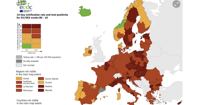 Covid, nuova mappa Ue: rosso scuro per 5 regioni italiane