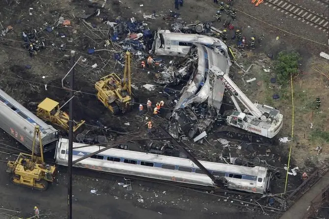 In this aerial photo, emergency personnel work at the scene of a deadly train wreck, Wednesday, May 13, 2015, in Philadelphia. Federal investigators arrived Wednesday to determine why an Amtrak train jumped the tracks in a wreck that killed at least six people, and injured dozens. (ANSA/AP Photo/Patrick Semansky)