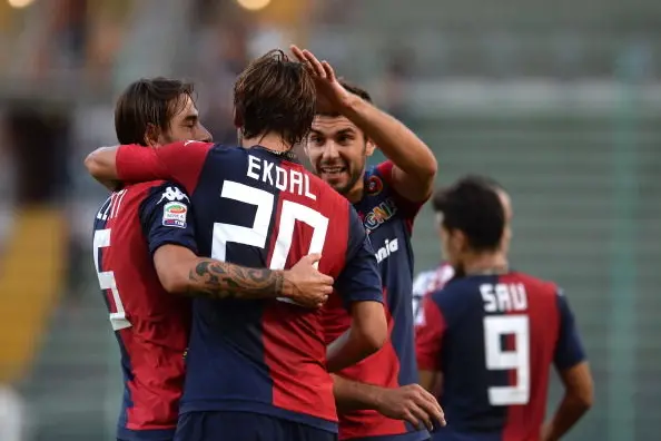 TRIESTE, ITALY - SEPTEMBER 21:  Albin Ekdal (C) of Cagliari Calcio celebrates with his team-mate after scoring his opening goal during the Serie A match between Cagliari Calcio and UC Sampdoria at Stadio Nereo Rocco on September 21, 2013 in Trieste, Italy.  (Photo by Dino Panato/Getty Images)