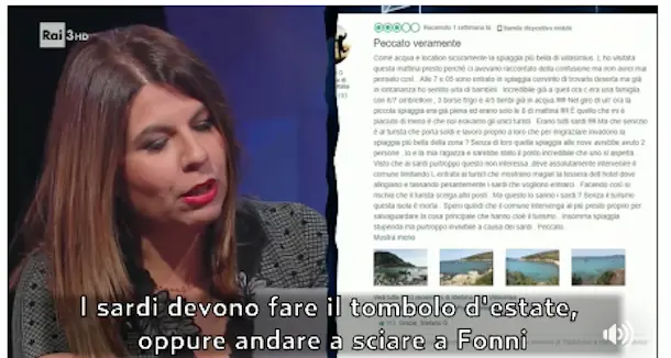 Rai3, Geppi Cucciari legge recensione su TripAdvisor: \"Punta Molentis spiaggia stupenda ma invivibile a causa dei sardi\"