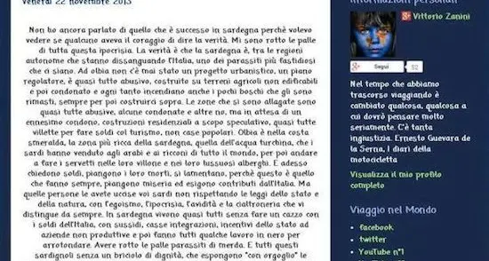 \"Avete rotto, siete i parassiti d'Italia\". La Polizia municipale di Olbia denuncia Vittorio Zanini, il blogger bolognese che ha offeso il popolo sardo