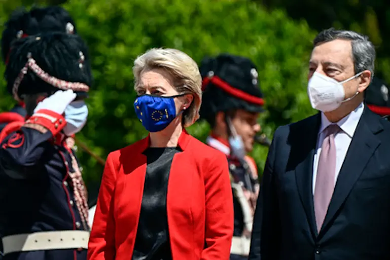 Italian PM Mario Draghi (R) with President of European Commission Ursula von der Leyen (L) during the Global Health Summit at Villa Pamphilij, Rome, Italy, 21 May 2021. ANSA/RICCARDO ANTIMIANI