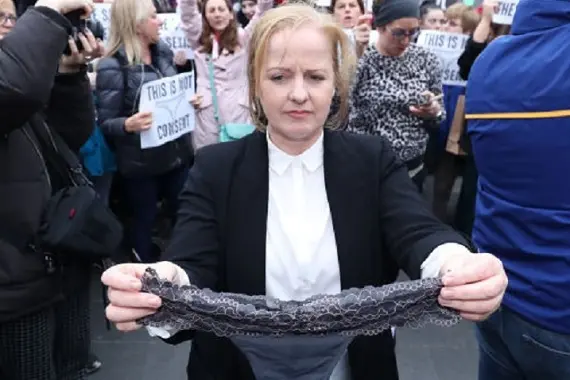 Solidarity\\u2013People Before Profit TD Ruth Coppinger holds a thong during a protest in support of victims of Sexual violence on O\\'Connell Street, Dublin.  PRESS ASSOCIATION Photo. Picture date: Wednesday November 14, 2018. See PA story IRISH Protest. Photo credit should read: Niall Carson/PA Wire