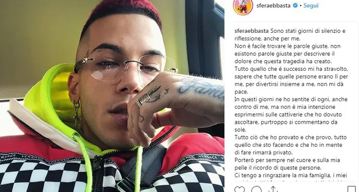 Strage di Corinaldo, Sfera Ebbasta su Instagram: \"Non ho pace\"