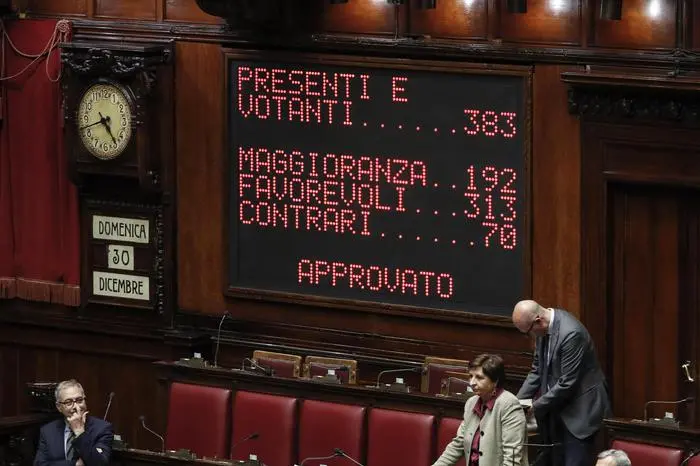 Tabellone elettronico della Camera con risultato del voto finale sulla legge di Bilancio, Roma 30 dicembre 2018. I voti a favore sono stati 313, 70 i contrari. Dopo la proclamazione del risultato il premier Conte ha abbracciato i ministri. ANSA/GIUSEPPE LAMI