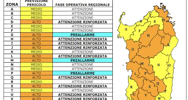 Sardegna. Avviso di previsione pericolo incendi per lunedì 26 luglio