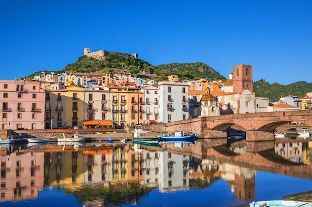 Beautiful view of Bosa town, Sardinia island, Italy. Travel destination