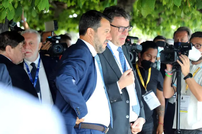 Minister for economic development Giancarlo Giorgetti (R) and leader of Lega Matteo Salvini attend during  the Ambrosetti Forum \\u201CIntelligence on the world, Europe, and Italy\\u201D in Villa d\\u2019Este Cernobbio on Como lake, 5 September 2021.  \\rANSA / MATTEO BAZZI
