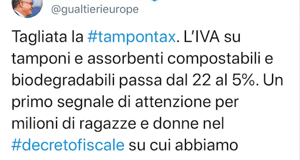 Tagliata la tampon tax, l'Iva passa dal 22% al 5% sugli assorbenti biodegradabili