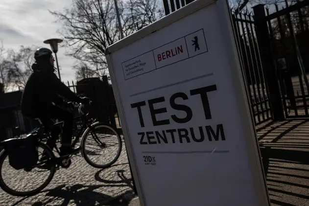 A cyclist arrives at a coronavirus COVID-19 rapid test center in Berlin, Germany, 09 March 2021. From 08 March, the German federal government will finance one rapid test per week for every citizen. The test is covered by German health insurence.  ANSA/FILIP SINGER
