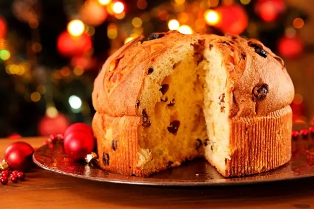 Christmas cake panettone and Christmas decorations.