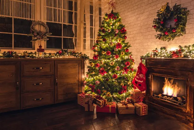 Christmas tree near fireplace in decorated living room