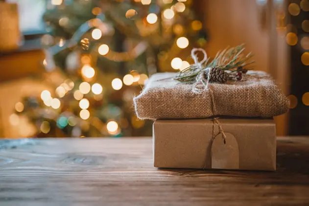 Photo of a Christmas gifts beautifully wrapped with only ecology friendly biodegradable decorations and materials