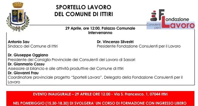 Lunedì 29 aprile l’inaugurazione dello Sportello Lavoro