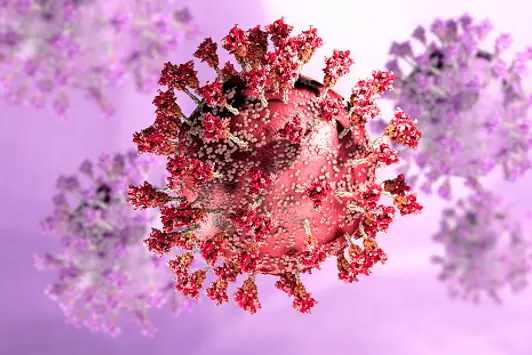 Virus variant, coronavirus, spike protein. Omicron. Covid-19 seen under the microscope. SARS-CoV-2, 3d rendering