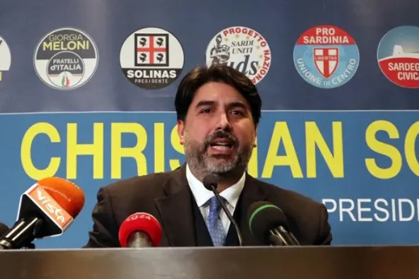 The governor candidate of the center-right coalition in the regional elections of Sardinia, Christian Solinas, attends a press conference in Cagliari,Sardinia island, Italy, 25 February 2019.\\nANSA/FABIO MURRU