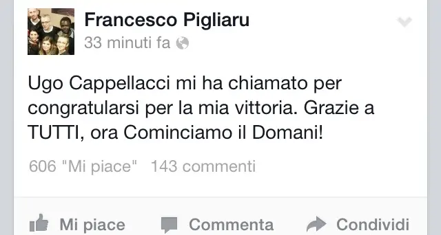 Francesco Pigliaru su Facebook: \"Grazie a tutti\"