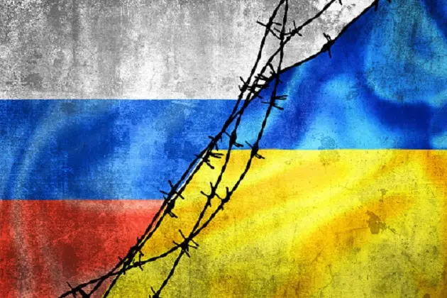 Grunge flags of Russian Federation and Ukraine divided by barb wire illustration, concept of tense relations between Ukraine and Russia