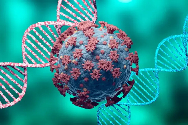 Coronavirus and DNA, virus mutation. New variant and strain of SARS CoV 2. Microscopic view. 3D rendering