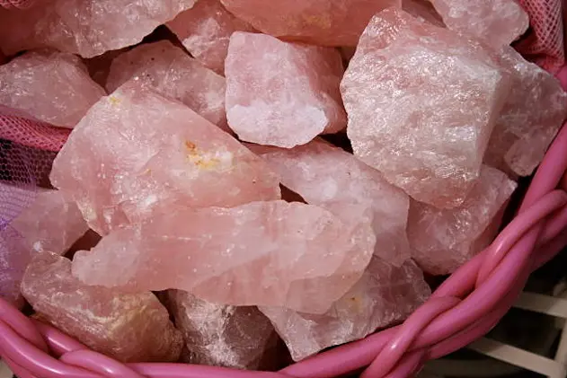 Rose quartz in a basket