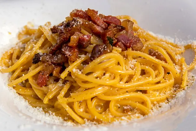 Spaghetti Carbonara served in a restaurant of Rome, Lazio, Italy