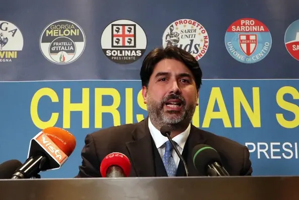 The governor candidate of the center-right coalition in the regional elections of Sardinia, Christian Solinas, attends a press conference in Cagliari,Sardinia island, Italy, 25 February 2019.\\nANSA/FABIO MURRU