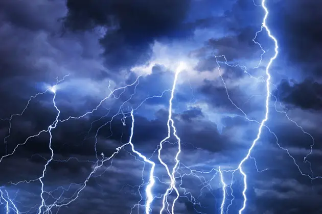 Thunder, lightnings and rain during summer storm.