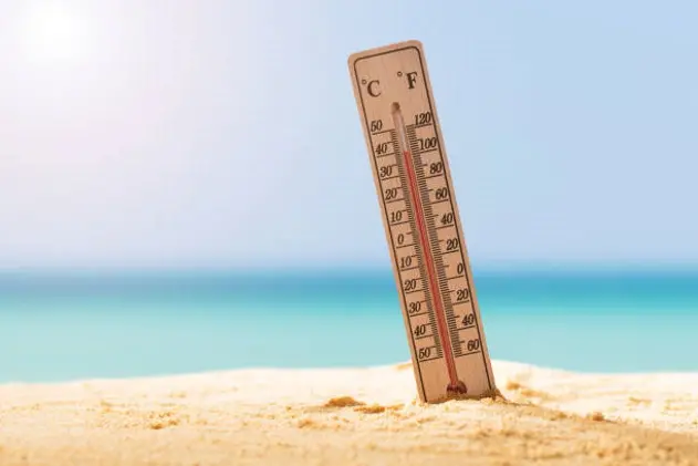 Close-up Of Thermometer On Sand Showing High Temperature