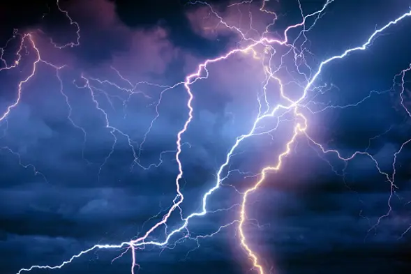 Thunder, lightnings and rain during summer storm at night.