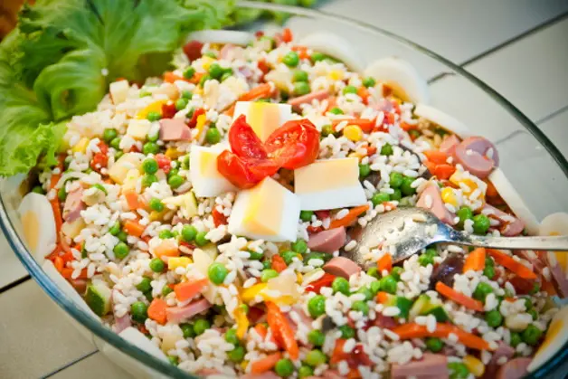 \"rice salad with tomatoes, eggs, peas, frankfurt, wusterl, salad\"