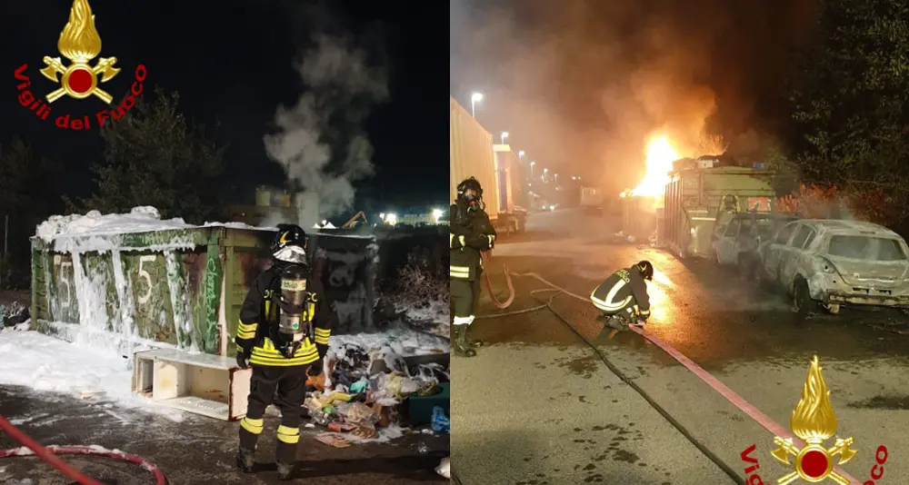 Container di rifiuti e auto in fiamme a Predda Niedda