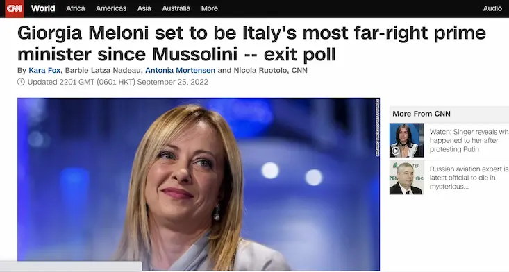 La Cnn: \"Meloni la premier più a destra dai tempi di Mussolini\"