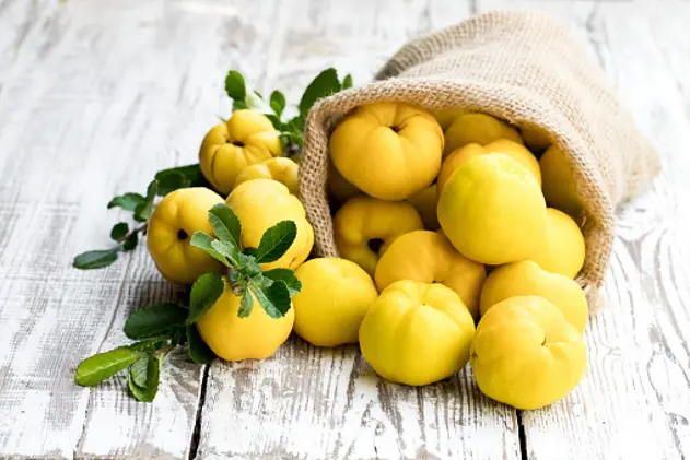 Fresh  quince fruits on white wooden table