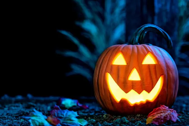 A smiling Jack O\\u2019 Lantern carved from a pumpkin looking at the camera, glowing from within, sitting on the dirt with Autumn leaves in front of a wooden post at light lit from the moonlight.