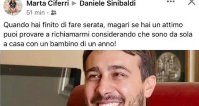 Moglie del sindaco di Rieti lo rimprovera su Fb: \"Quando hai finito di fare serata richiama, sono a casa col bimbo\"