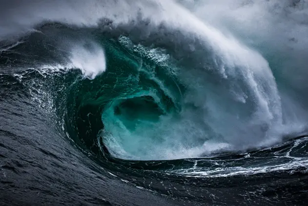 Dangerous powerful storm surge wave, dark and fearful provoking scene