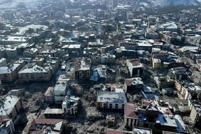 epa10472715 An aerial picture taken by drone shows a general view of collapsed buildings following a powerful earthquake in Elbistan district of Kahramanmaras, Turkey, 17 February 2023. Almost 44,000 people have died and thousands more are injured after two major earthquakes struck southern Turkey and northern Syria on 06 February. Authorities fear the death toll will keep climbing as rescuers look for survivors across the region.  EPA/TOLGA BOZOGLU