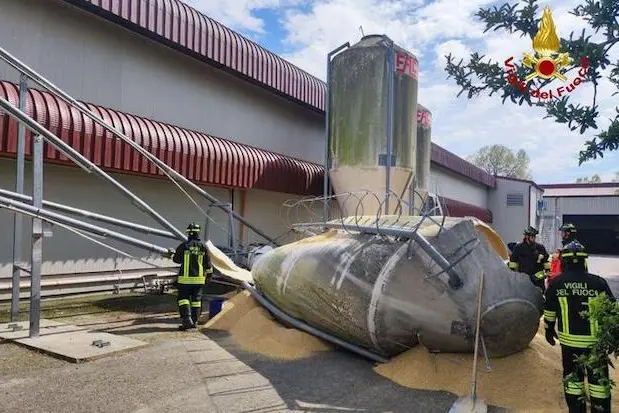 Tre persone sono morte in un incidente che si \\u00CB verificato nei pressi di un\\'azienda agricola a Bertinoro, in provincia di Forl\\u00CF, 07 aprile 2023. Secondo le prime informazioni dei vigili del fuoco, sarebbe crollato un silos di mangimi che ha investito un\\'auto sulla quale c\\'erano tre persone, che sono tutte decedute.\\nANSA/VIGILI DEL FUOCO\\n+++ ANSA PROVIDES ACCESS TO THIS HANDOUT PHOTO TO BE USED SOLELY TO ILLUSTRATE NEWS REPORTING OR COMMENTARY ON THE FACTS OR EVENTS DEPICTED IN THIS IMAGE; NO ARCHIVING; NO LICENSING +++ NPK +++