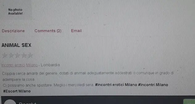 «Cerco coppia con cane addestrato per incontri sessuali». L’annuncio è comparso in un sito di scambisti