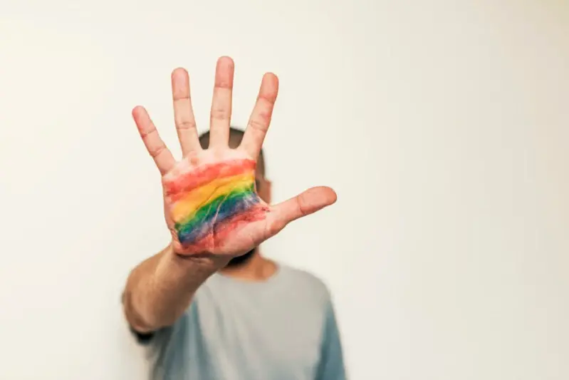 Photo of Caucasian Gay Man covering his face with rainbow flag painted in his palm.  Rainbow flag , for LGBT HIV-positive people. Shy Transgender man. Stop Gesture.