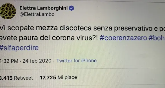 Elettra Lamborghini: “Vi sco**te” mezza discoteca senza preservativo e poi avete paura del Coronavirus?”