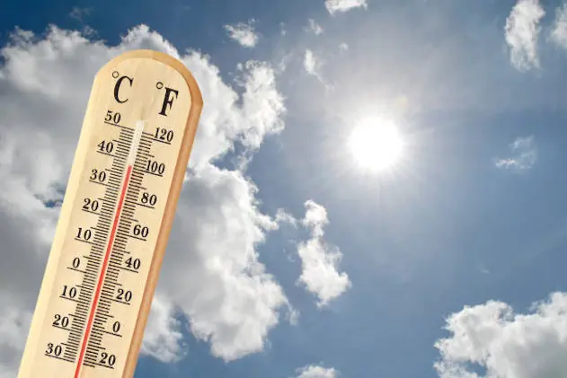 Thermometer showing high temperature. Summer heat concept