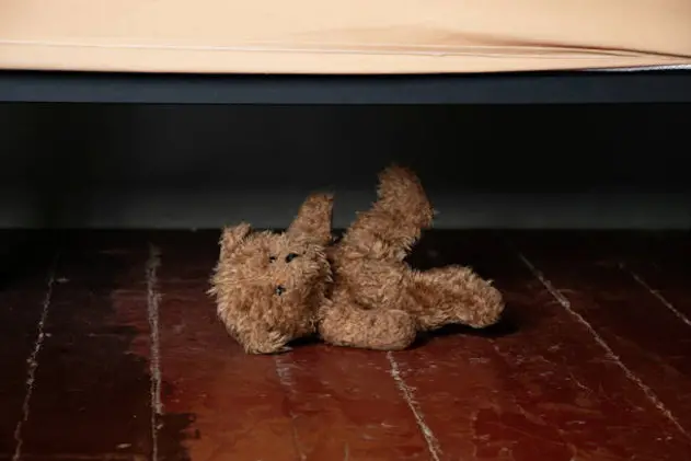 by the bed on the floor in the bedroom of the house lies a teddy brown bear, a teddy bear under the bed on the floor in the dark