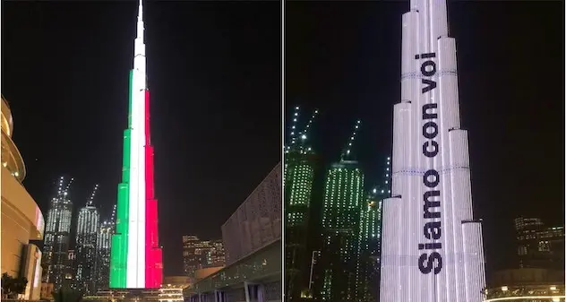 Coronavirus. Il Burj Khalifa, grattacielo più alto del mondo, in tricolore: “Siamo con te”