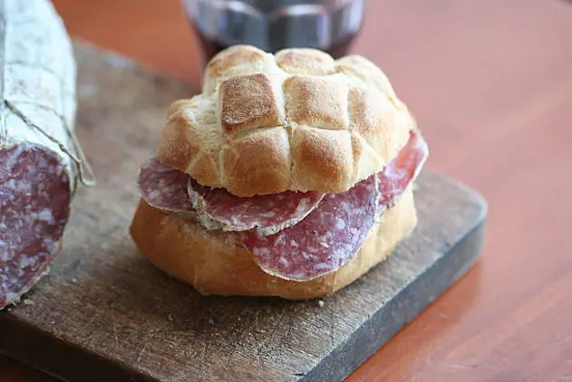 Salami sandwich close up