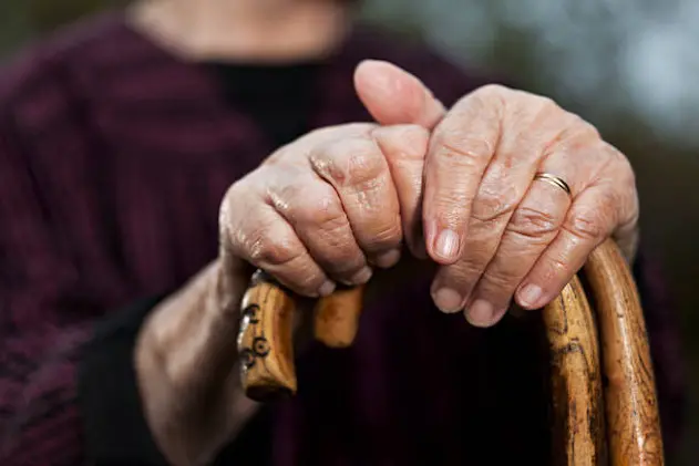 Close-up of senior woman\\'s hands holding her walking sticks. Selective focus on hands and sticks.