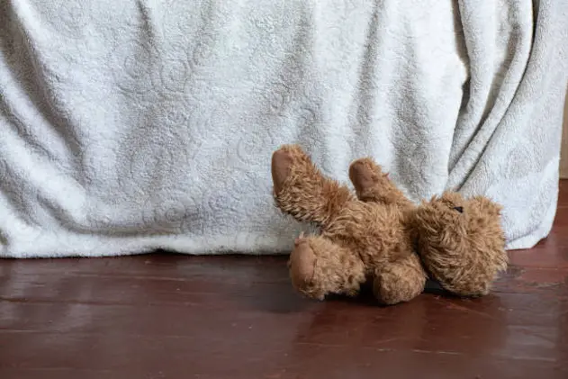 a teddy brown baby bear lies near the bed on the floor in the bedroom at home, a teddy bear