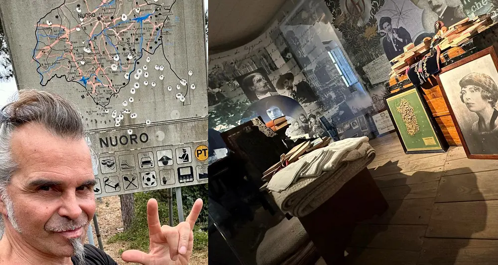 Selfie di Piero Pelù davanti a un cartello sparato: \"In Barbagia il rock and roll non si nasconde mai\"