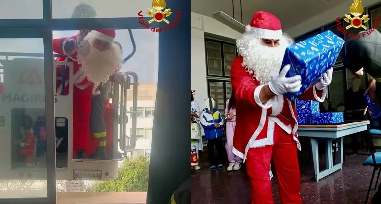Sassari. Babbo Natale arriva in autoscala dai bimbi di Pediatria