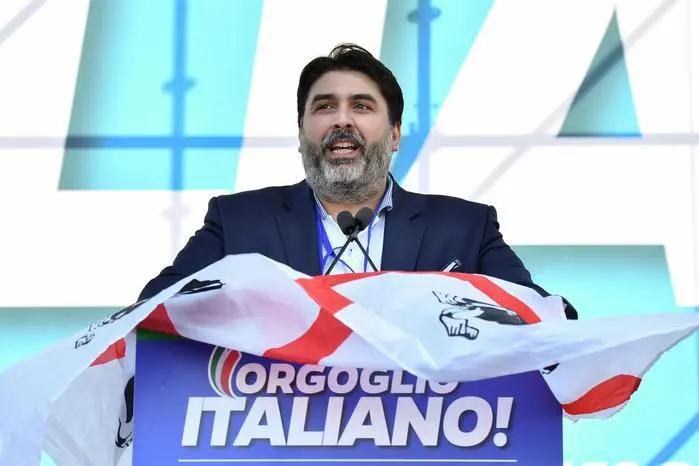 Christian Solinas, governor of Sardinia. delivers a speech during the demonstration of the center right \"Orgoglio Italiano\" (Italian Pride) against the government in Rome, Italy, 19 October 2019. ANSA/ALESSANDRO DI MEO